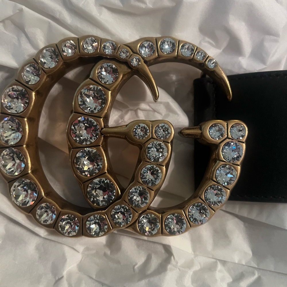 Gucci Gold Double G Crystal Buckle Belt - Clear Stones